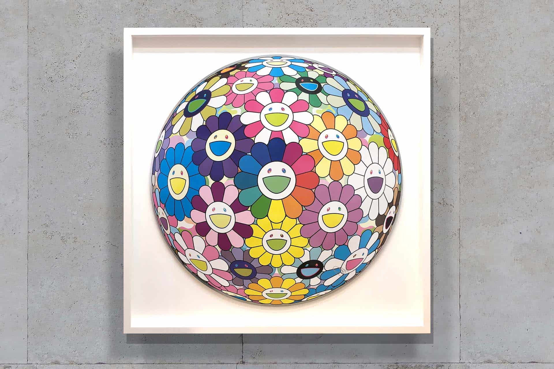 Lee Wah Framing Multicolour Flower Ball by Takashi Murakami framed in white box frame